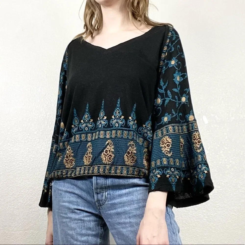 Free People Black & Gold Medallion Wide Sleeve Peasant Blouse